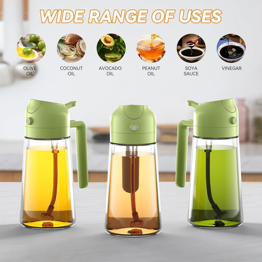 Kitchen Cooking Olive Oil Spray Bottle, 2-in-1 Oil Dispenser pour oil and Spritzer, 16.5 oz/470 ml Glass Oil Sprayer Food-grade Oil Mister, Air Fryer, Salad, Baking, Roasting、BBQ, Greener
