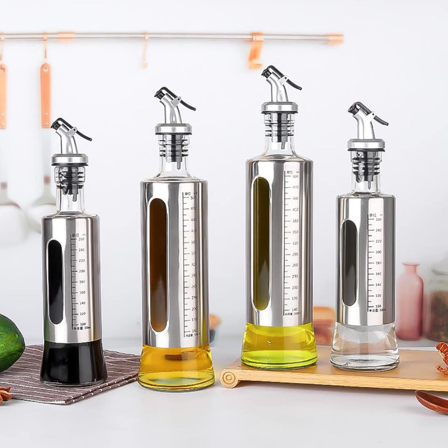 Oil Bottles for Kitchen Scale Press Type Seasoning Bottle, Leak-proof Glass Oil Bottle for Household Kitchen, Stainless Steel Oil Bottle