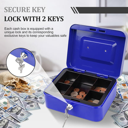 Cash Box with Key Lock Metal Money Box with Removable Coin Tray Medium Safe Lock Box Durable Money Saving Organizerfor Security Lock Safe Box for Office Small Business