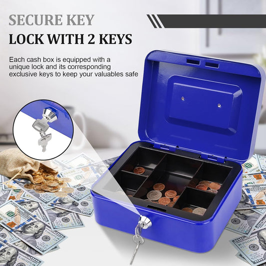 Cash Box with Key Lock Metal Money Box with Removable Coin Tray Medium Safe Lock Box Durable Money Saving Organizerfor Security Lock Safe Box for Office Small Business