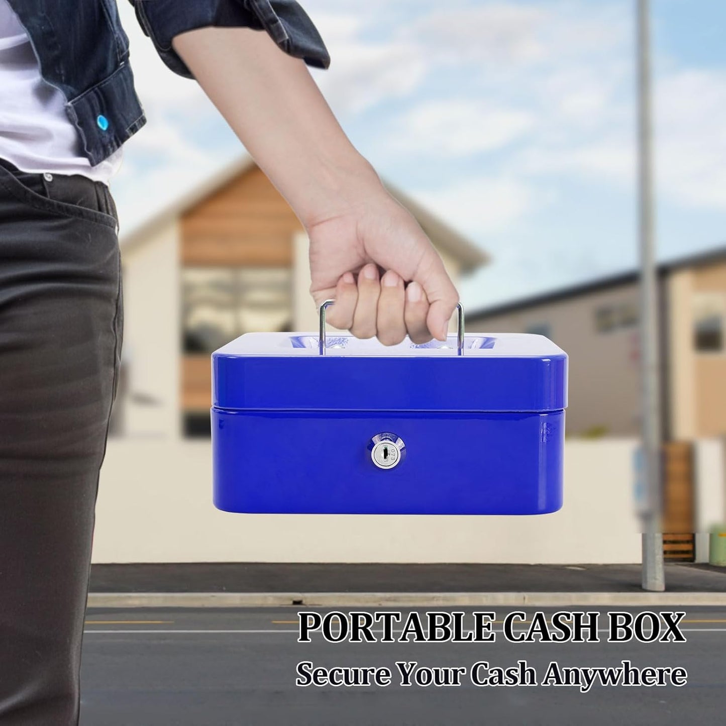 Cash Box with Key Lock Metal Money Box with Removable Coin Tray Medium Safe Lock Box Durable Money Saving Organizerfor Security Lock Safe Box for Office Small Business