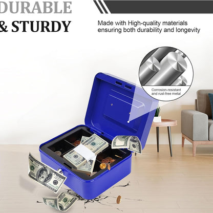 Cash Box with Key Lock Metal Money Box with Removable Coin Tray Medium Safe Lock Box Durable Money Saving Organizerfor Security Lock Safe Box for Office Small Business