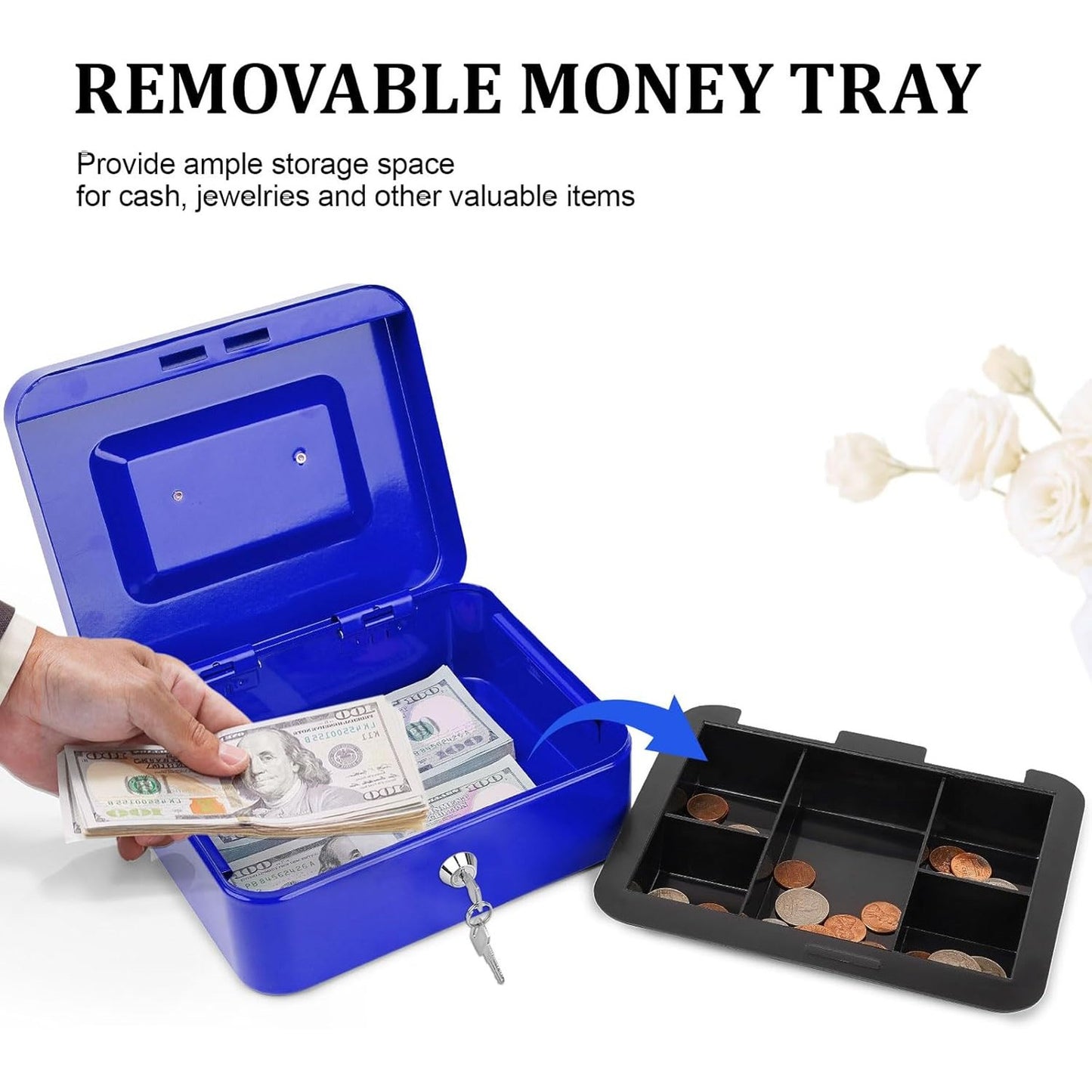 Cash Box with Key Lock Metal Money Box with Removable Coin Tray Medium Safe Lock Box Durable Money Saving Organizerfor Security Lock Safe Box for Office Small Business