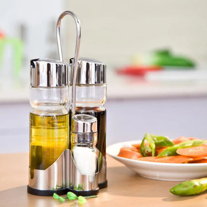 Glass Olive Oil Vinegar Salt Pepper  Oil Vinegar Dispenser Shakers Cruet Set with Stand Spice Bottle Glass Stainless Steel