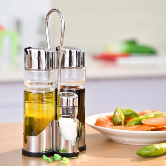Glass Olive Oil Vinegar Salt Pepper  Oil Vinegar Dispenser Shakers Cruet Set with Stand Spice Bottle Glass Stainless Steel