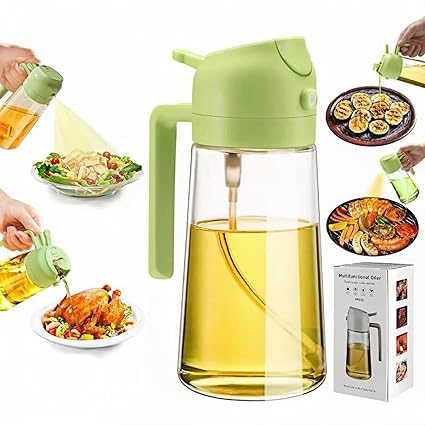 Kitchen Cooking Olive Oil Spray Bottle, 2-in-1 Oil Dispenser pour oil and Spritzer, 16.5 oz/470 ml Glass Oil Sprayer Food-grade Oil Mister, Air Fryer, Salad, Baking, Roasting、BBQ, Greener